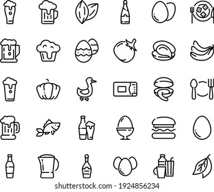 Food line icon set - plate spoon fork, burger, beer, clam, oyster, mug, champagne, cheese, goose, coffee pot, fish, microwave oven, egg, stand, eggs, easter, drinks, cupcake, glass, cup, bottle