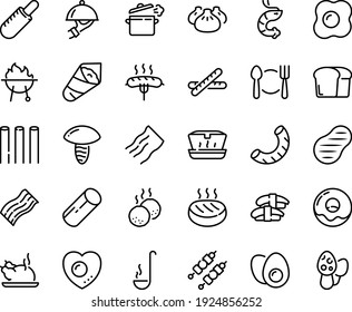 Food line icon set - plate spoon fork, french hot dog, lunch box, dim sum, sashimi, chinese chicken, shrimp, temaki, donut, dish dome, kebab, sausage on, cutlet, steak, sowbelly, meatballs, bbq