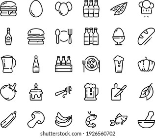 Food line icon set - plate spoon fork, beer, burger, shrimp, chef hat, with pasta, champagne, cheese, coffee pot, fish, knife board, egg, stand, eggs, bread, cake, cup, bottle, box, bottles, peas