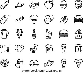 Food line icon set - plate spoon fork, beer, burger, french fries, fish, clam, lobster, with pasta, glass, champagne, cheese, goose, coffee pot, egg stand, eggs, easter, drinks, bread, tomato