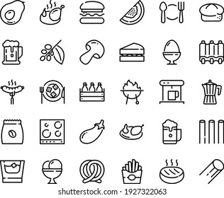 Food line icon set - plate spoon fork, burger, beer, french fries, sausage on, bread, pretzel, box, fried chicken, ice cream, cheese, coffe maker, coffee pot, tree, pack, cutlet, bbq, ribs, whiskey