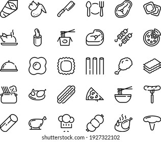 Food line icon set - plate spoon fork, pizza piece, dish dome, sausage on, fried chiken leg, chinese pasta, funchose, chicken, kebab, temaki, chef hat, in pan, ravioli, hot dog, french, meat, steak