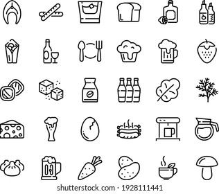 Food Line Icon Set - Plate Spoon Fork, Burito, Dim Sum, Green Tea, Cheese, Lemoncello, Wine, Ketchup, Beer Glass, Coffe Maker, Instant Coffee, Refined Sugar, Roasted Sausages, Fish Steak, Pot, Mug