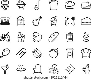 Food line icon set - plate spoon fork, chief hat, fried chiken leg, clam, shrimp, bread, pate can, cocktail, french press, coffee to go, tree, ribs, sausage on, bbq, cooking glove, ladle, piece