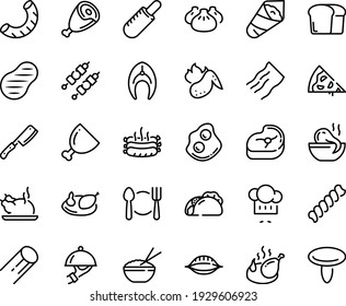 Food line icon set - plate spoon fork, pizza piece, tacos, french hot dog, rice bowl, dim sum, octopus soup, chinese chicken, temaki, chef hat, ham, omelette, fried, dish dome, meat, kebab, wing