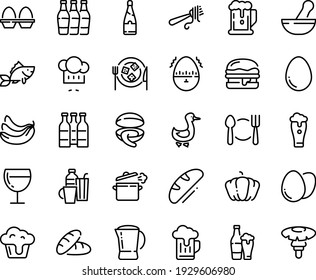 Food line icon set    plate spoon fork  beer  bread  clam  chef hat  and pasta  burger  wine glass  cheese  goose  coffee pot  fish  cooking pan  egg  stand  timer  drinks  champagne  cupcake