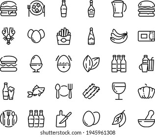 Food line icon set - plate spoon fork, burger, french fries, lobster, champagne, wine glass, cheese, coffee pot, fish, knife board, microwave oven, egg, stand, eggs, timer, drinks, beer bottle