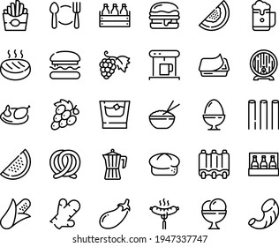 Food line icon set - plate spoon fork, burger, french fries, rice bowl, grape, sausage on, bread, pretzel, beer box, barrel, pate can, ice cream, coffe maker, coffee pot, chicken, cutlet, ribs, pack