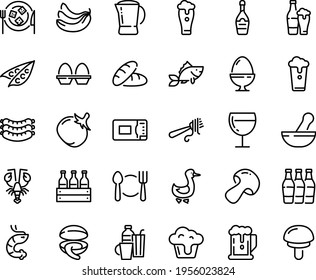 Food line icon set - plate spoon fork, beer, bread, clam, shrimp, lobster, with pasta, sausages, champagne, wine glass, cheese, goose, coffee pot, fish, microwave oven, egg stand, drinks, cupcake