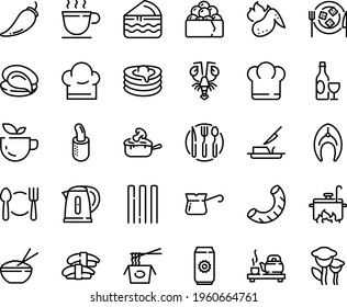Food line icon set - plate spoon fork, chief hat, green tea, rice bowl, chinese pasta, ceremony, oyster, sashimi, lobster, gunkan, wine, cheese, french hot dog, julienne, pancakes, butter knife