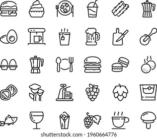 Food line icon set - plate spoon fork, burger, burito, hot tea, fish, pizza roll knife, coffee pot, grape, beer mug, wine glass, cocktail, cheese, cupcake, cup, coffe maker, meatballs, board, yolk