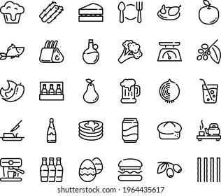 Food line icon set - plate spoon fork, burger, fish, tea ceremony, olives, olive oil, bread, beer mug, pancakes, butter knife, coffee tree, machine, chicken, ribs, kitchen scales, easter egg, soda