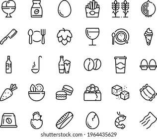 Food line icon set - plate spoon fork, salad, french fries, ice cream, shrimp, gunkan, wine glass, coffee top view, to go, instant, beans, capsule, refined sugar, ribs, ladle, chef knife, egg, stand