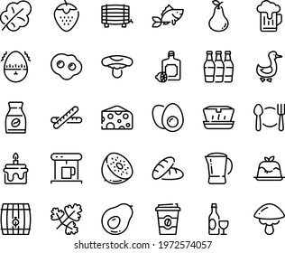 Food Line Icon Set - Plate Spoon Fork, Bread, Coffee To Go, Lunch Box, Cheese, Lemoncello, Panna Cotta, Wine, Goose, Coffe Maker, Instant, Pot, Fish, Eggs Yolk, Omelette, Egg Timer, Baguette, Cake