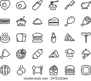 Food line icon set - plate spoon fork, pizza piece, burger, sandwich, french fries, sausage on, fried chiken leg, hot dog, chinese pasta, chef hat, ham, dish dome, cutlet, chicken, meatballs, knife