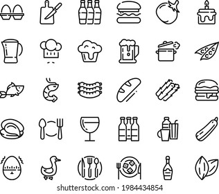Food line icon set - plate spoon fork, burger, beer, fish, oyster, shrimp, chef hat, sausages, champagne, wine glass, cheese, goose, coffee pot, cooking pan, knife board, egg stand, timer, drinks