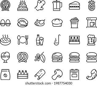 Food line icon set - plate spoon fork, burger, beer, oyster, bread, pretzel, box, barrel, ice cream, coffe maker, french press, coffee tree, pack, chicken, cutlet, ladle, stove, egg stand, bucket