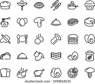 Food line icon set - plate spoon fork, dish dome, burger, tacos, chinese pasta, kebab, dough and rolling pin, pizza, sausages, sausage on, bread, steak, fried chicken, cheese, julienne, leg, egg