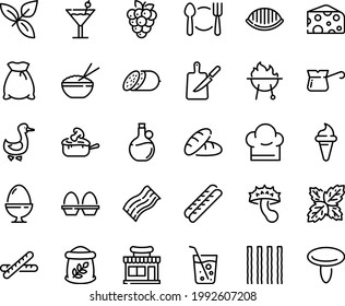 Food Line Icon Set - Plate Spoon Fork, Bread, Cafe Shop, Ice Cream Horn, Rice Bowl, Cheese, Basil, Olive Oil, Salami, Baguette, Goose, Julienne, Turkish Coffee, Sowbelly, Bbq, Chef Hat, Knife Board