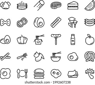 Food line icon set - plate spoon fork, burger, sausage on, chinese pasta, funchose, with, sausages, steak, pretzel, pate can, baguette, meringue, roasted, hot chicken wing, omelette, eggs yolk, egg