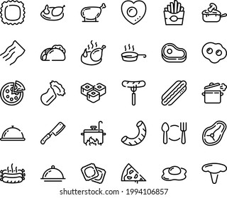Food line icon set - plate spoon fork, pizza piece, dish dome, meat, french fries, tacos, sausage on, sushi roll, ravioli, hot dog, fried chicken, julienne, roasted sausages, steak, leg, cooking pan