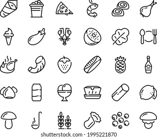 Food line icon set - plate spoon fork, pizza piece, ice cream horn, lunch box, shrimp, lobster, temaki, fried chicken, champagne, meringue, bakery, ladle, bucket, beer aluminium, wheat, onion, lemon