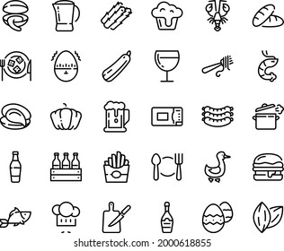 Food line icon set - plate spoon fork, beer, bread, french fries, fish, clam, oyster, shrimp, lobster, chef hat, with pasta, sausages, burger, champagne, wine glass, cheese, goose, coffee pot, timer