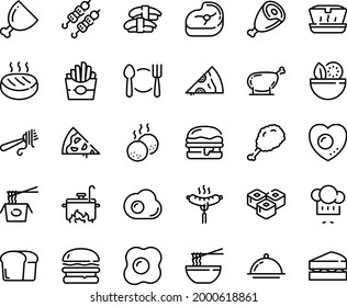 Food line icon set - plate spoon fork, pizza piece, salad, burger, french fries, fried chiken leg, lunch box, chinese pasta, funchose, sashimi, sushi roll, kebab, chef hat, with, sausage on, ham
