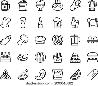 Food line icon set - plate spoon fork, burger, french fries, coffee pot, bread, pretzel, beer glass, ice cream, press, chicken, cutlet, knife, egg stand, champagne, whiskey, bucket, big cake, box