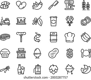 Food line icon set - plate spoon fork, chief hat, cafe, sausage on, hot pepper, tea ceremony, sashimi, shrimp, lobster, with pasta, steak, coffee to go, tree, machine, ribs, bbq, chef knife, muffin