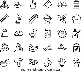 Food line icon set - rice bowl, basil, olives, olive oil, salami, hot dog, baguette, goose, julienne, meatballs, bbq, chef hat, pan, knife board, egg stand, soda, coconut cocktail, flour bag, tap
