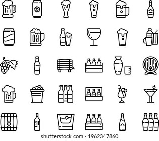 Food line icon set - rice vodka, grape, beer mug, box, barrel, glass, champagne, wine, irish coffee, drinks, cocktail, soda, bottle, whiskey, ice bucket, cup, pack, aluminium, foam, bottles