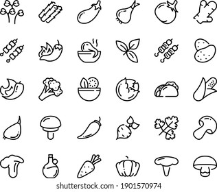 Food line icon set - salad, tacos, hot pepper, octopus soup, kebab, basil, olive oil, potato, carrot, beet, corn, asparagus, cabbage, onion, mushroom, broccoli, pumpkin, tomato, eggplant, garlic