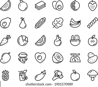 Food line icon set - salad, hot dog, clam, olive oil, kitchen scales, eggs yolk, love egg, smoothies, potato, carrot, cabbage, broccoli, eggplant, leaf, banana, strawberry, watermelon, pear, melon