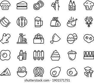 Food line icon set - salad, pizza piece, lobster, gunkan, pretzel, ketchup, acorn, fried chicken, cupcake, ham, ribs, fork spoon knife plate, omelette, easter egg, drinks, sanwich, muffin, cookies