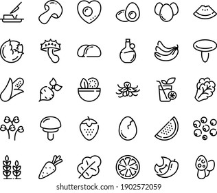 Food line icon set - salad, watermelon piece, olive oil, butter knife, broaken egg, eggs, love, yolk, smoothies, tacos bread, wheat, carrot, beet, corn, cabbage, arugula, mushroom, leaf, banana