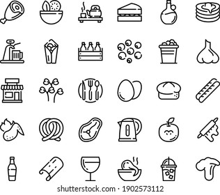 Food line icon set - salad, cafe, burito, octopus soup, tea ceremony, olive oil, bread, ham, pretzel, beer box, baguette, wine glass, pancakes, iced coffee, steak, hot chicken wing, rolling pin, egg