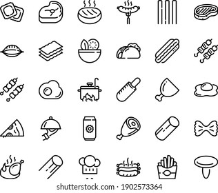 Food line icon set - salad, french fries, tacos, pizza piece, hot dog, kebab, chef hat, ravioli, sausage on fork, steak, ham, fried chicken, dish dome, meat, roasted sausages, cutlet, cooking