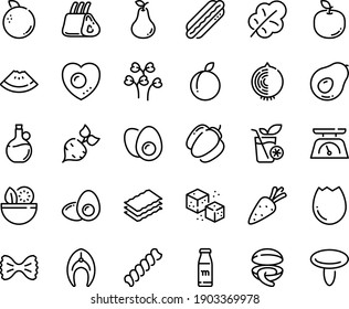 Food line icon set - salad, watermelon piece, clam, olive oil, hot dog, refined sugar, fish steak, ribs, kitchen scales, broaken egg, eggs yolk, love, milk bottle, smoothies, carrot, beet, leaf