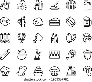 Food line icon set - salad, lobster, ham, ketchup, acorn, fried chicken, cupcake, butter knife, milk bootle and pack, ribs, fork spoon plate, omelette, drinks, sanwich, muffin, beer, foam, tap