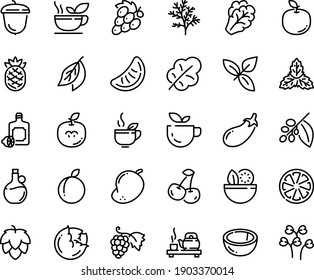 Food line icon set - salad, green tea, ceremony, basil, lemoncello, olive oil, grape, acorn, coffee tree, hop, cabbage, arugula, eggplant, leaf, cherry, citrus, plum, coconut, mango, apple fruit