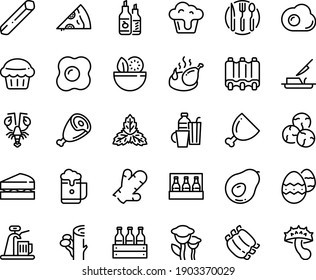 Food line icon set - salad, pizza piece, lobster, ham, ketchup, fried chicken, butter knife, ribs, fork spoon plate, omelette, easter egg, drinks, cupcake, sanwich, muffin, beer pack, box, foam, tap