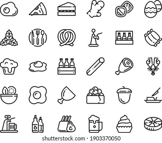 Food line icon set - salad, pizza piece, lobster, gunkan, ham, pretzel, ketchup, acorn, cupcake, butter knife, ribs, fork spoon plate, omelette, easter egg, sanwich, cookies, beer pack, box, foam