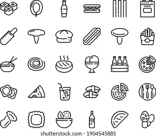 Food line icon set - salad, sandwich, french fries, pizza, piece, hot dog, rice bowl, sashimi, sushi roll, calsone, ravioli, bread, sausage, ice cream, cutlet, fork spoon knife plate, stove, beer