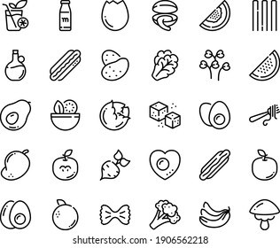 Food line icon set - salad, hot dog, clam, fork with pasta, olive oil, refined sugar, broaken egg, eggs yolk, love, milk bottle, smoothies, potato, beet, cabbage, arugula, broccoli, banana, melon