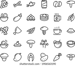 Food line icon set - salad, watermelon piece, octopus soup, fish, coffee cup, charlotte cake, pancakes, beans, ham, steak, egg pack, soda, coconut cocktail, baguette, potato, carrot, peas, eggplant