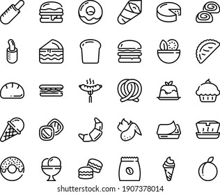 Food line icon set - salad, cupcake, burger, sandwich, donut, french hot dog, ice cream, lunch box, temaki, calsone, panna cotta, sausage on fork, pretzel, pate can, croissant, cheese, bakery, cake
