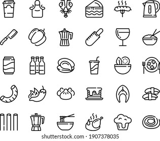 Food line icon set - salad, hot pepper, drink to go, french dog, rice bowl, dim sum, funchose, oyster, sashimi, lobster, coffee pot, fried chicken, wine glass, cheese plate, sausage on fork, apron