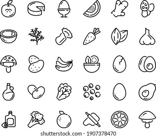 Food line icon set - salad, dough and rolling pin, lemoncello, olive oil, cheese, egg, stand, broaken, eggs yolk, potato, carrot, arugula, broccoli, beans, banana, citrus, coconut, melon, orange