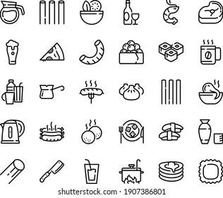 Food line icon set - salad, drink, pizza piece, dim sum, octopus soup, sashimi, sushi roll, shrimp, rice vodka, gunkan, wine, cheese plate, pancakes, turkish coffee, meat, sausage on fork, meatballs